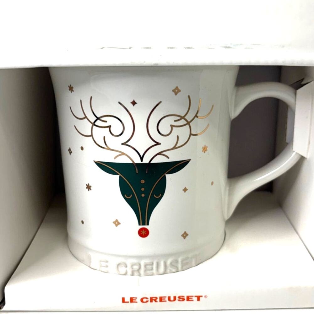 Le Creuset 400mL Rudolph Noel Collection Coffee Mug White Gold Christmas Gift